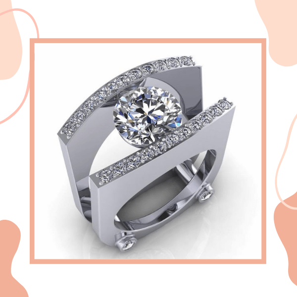 anel de noivado quadrado com design unico com pedrarias e diamante