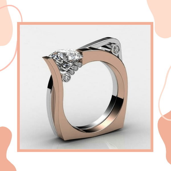anel de noivado super moderno quadrado de ouro branco e rose e diamante