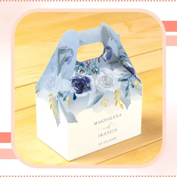 caixinha de papelao personalizada azul com flores