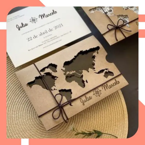 Convite de Casamento com Envelope de Mapa do Mundo