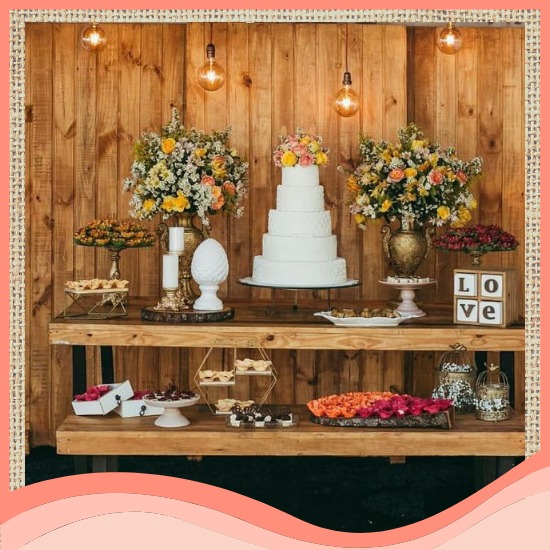 decoração de festa de casamento rustico mesa do bolo