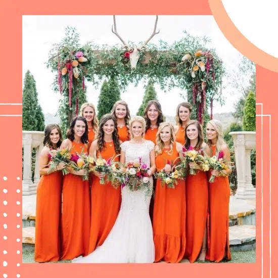 vestidos de madrinhas de casamento na cor laranja iguais