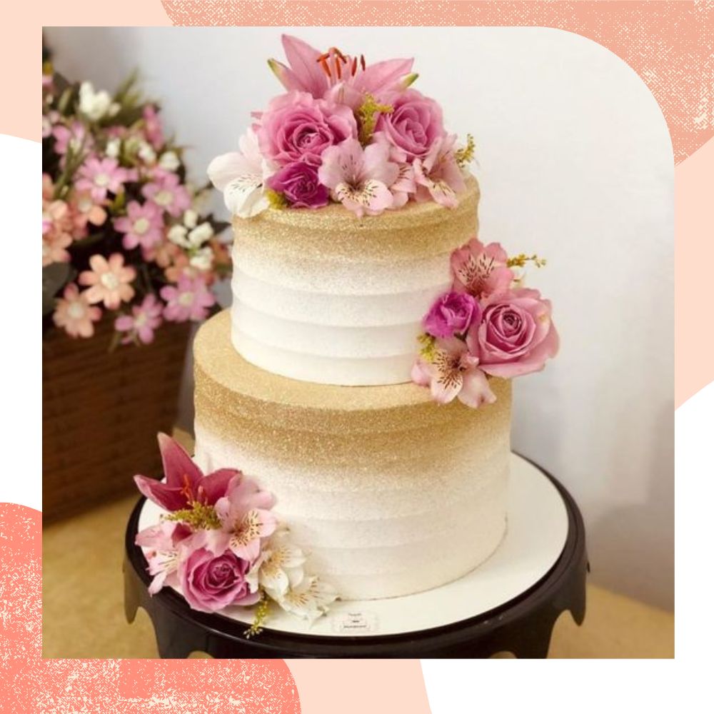bolo de casamento civil 2 andares rosa e dourado