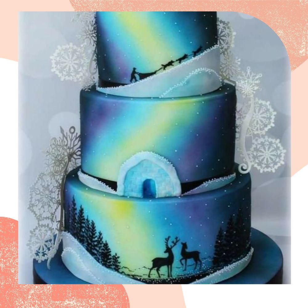 bolo de casamento criativo com desenho e céu