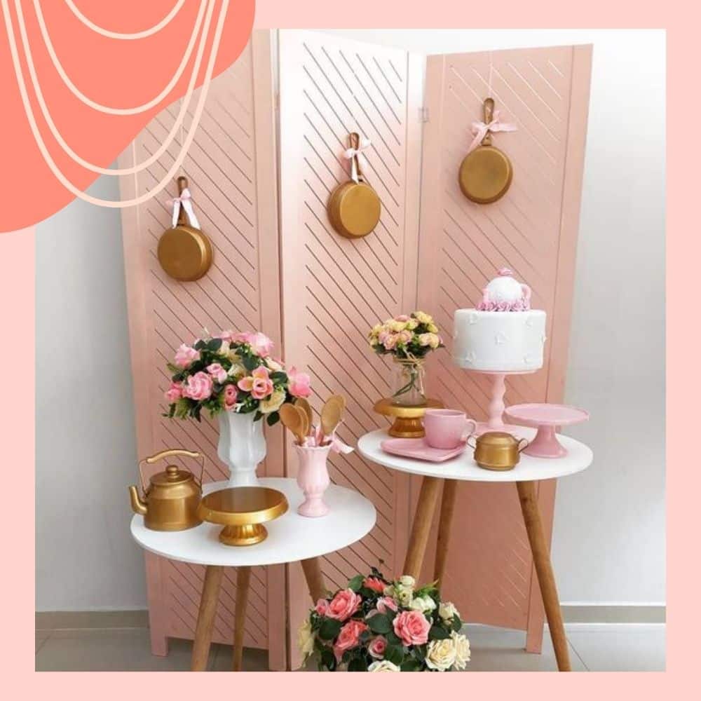 decoração de chá de panela rosa claro