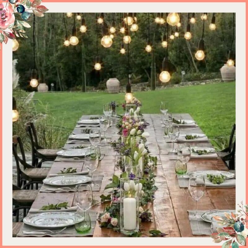 decoração de mini wedding no jardim com luzes