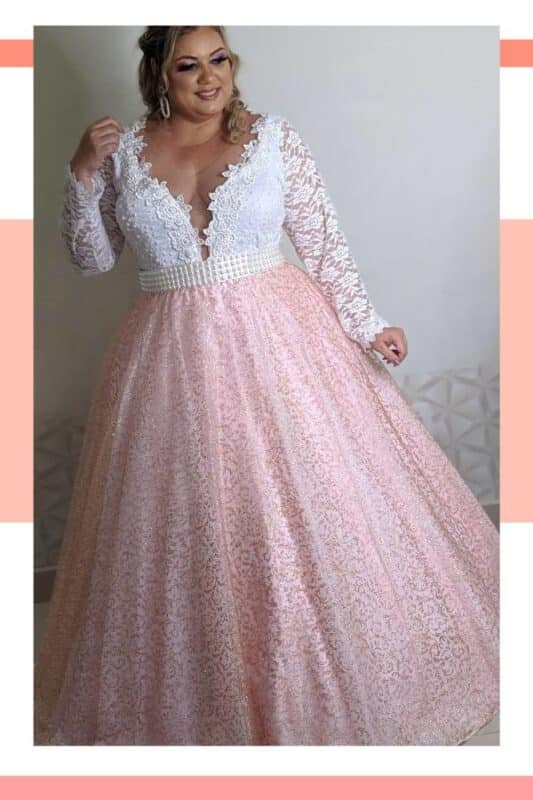 vestido de noiva rosa e branco plus size