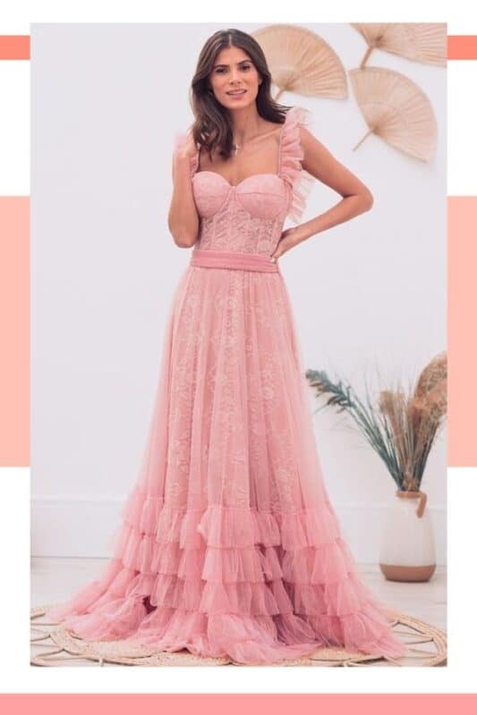 vestidos de noiva rosa claro com camadas e decote