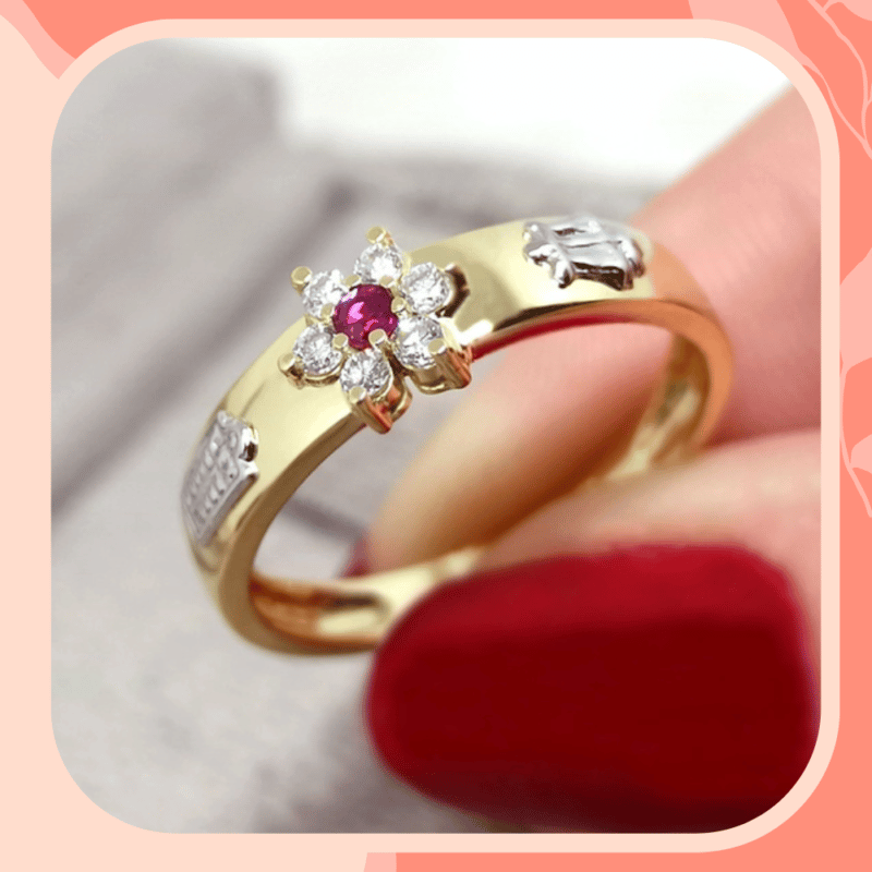 anel de formatura de ouro com pedra rosa