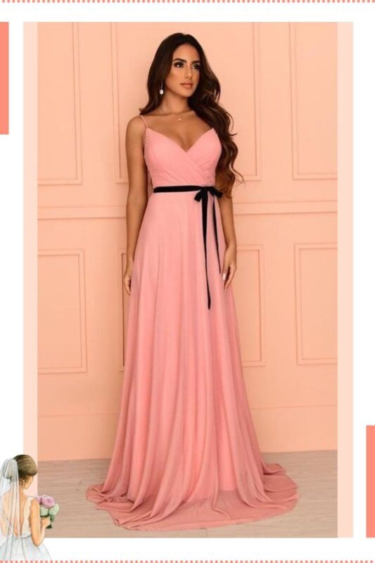 vestido de noiva civil rosa longo com decote