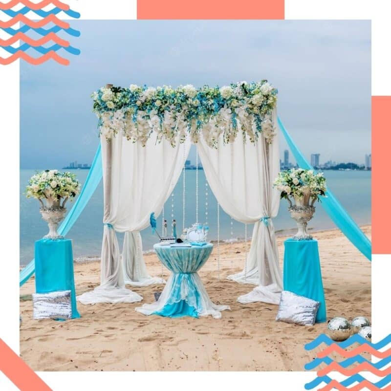 decoração de casamento na praia azul claro