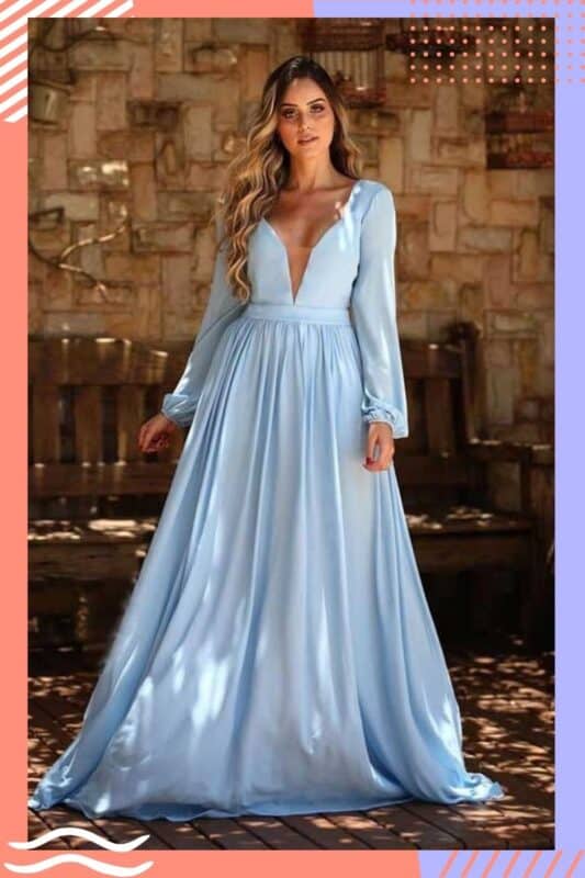vestido de noiva azul claro com mangas