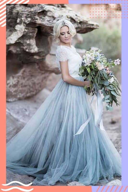 vestido de noiva azul claro e branco