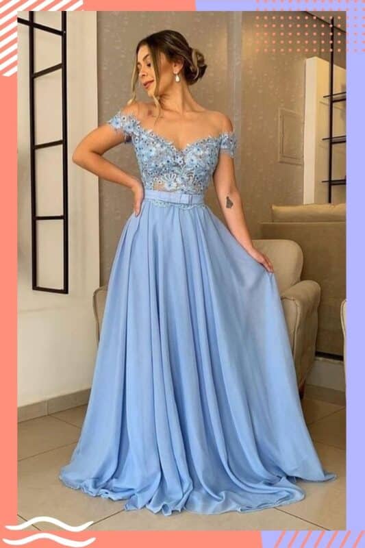 vestido de noiva azul claro longo com renda