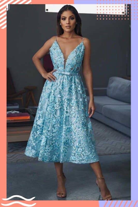 vestido de noiva azul claro midi com renda