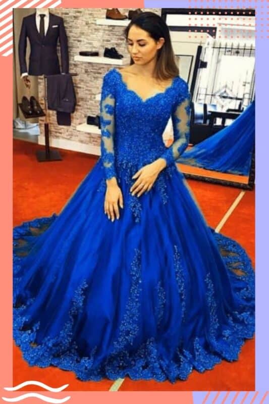 vestido de noiva azul royal longo com mangas