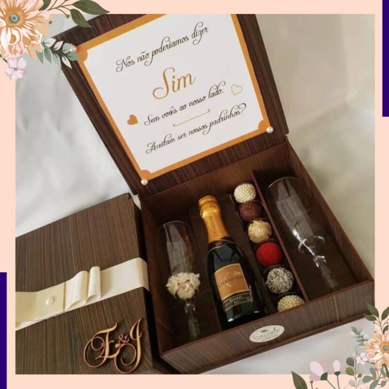 convite para padrinhos de casamento caixa com champagne