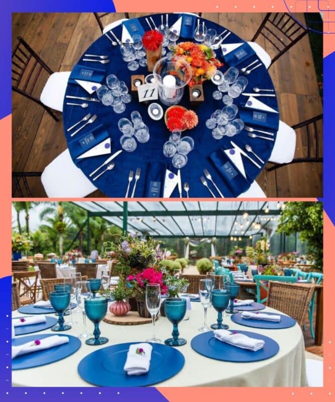 mesa azul em salao de festas casamento
