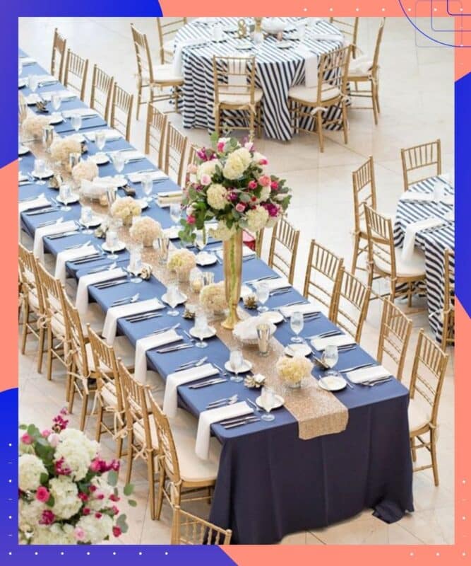 mesa grande em casamento azul