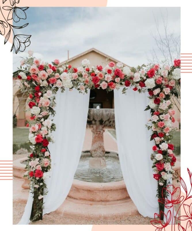 arco de flores para casamento quadrado com tecido