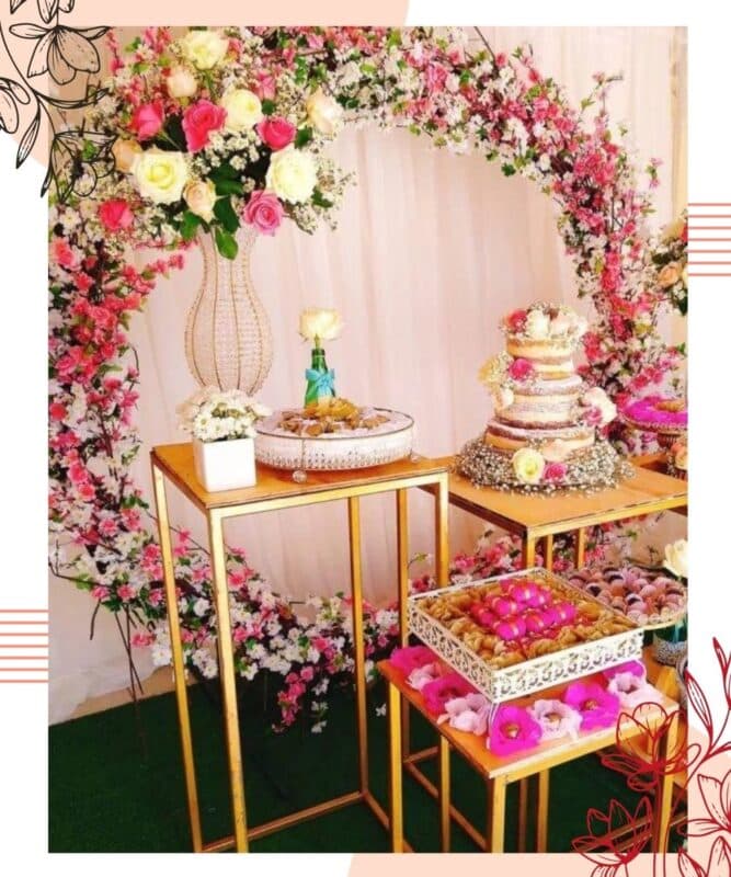 arco de flores para casamento rosa mesa de doces