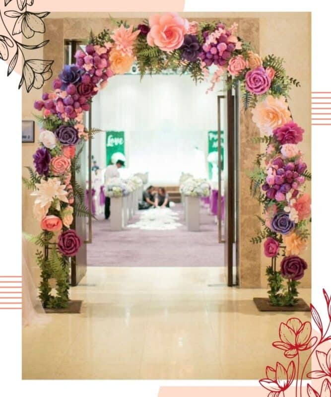 arco de flores para casamento roxa e rosa