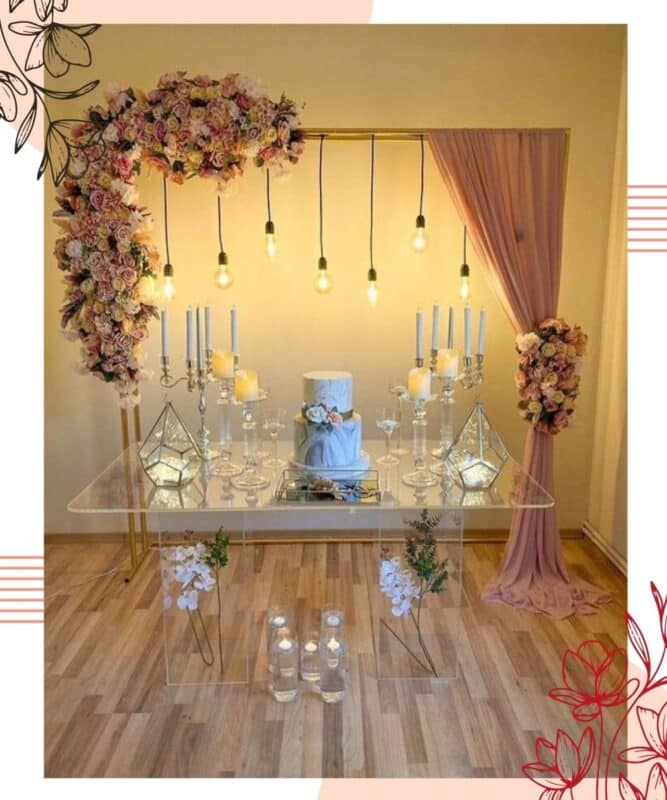 arco quadrado com flores para casamento mesa do bolo