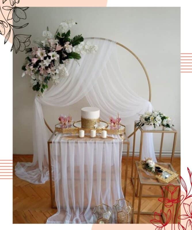arco simples para mesa do bolo de casamento civil