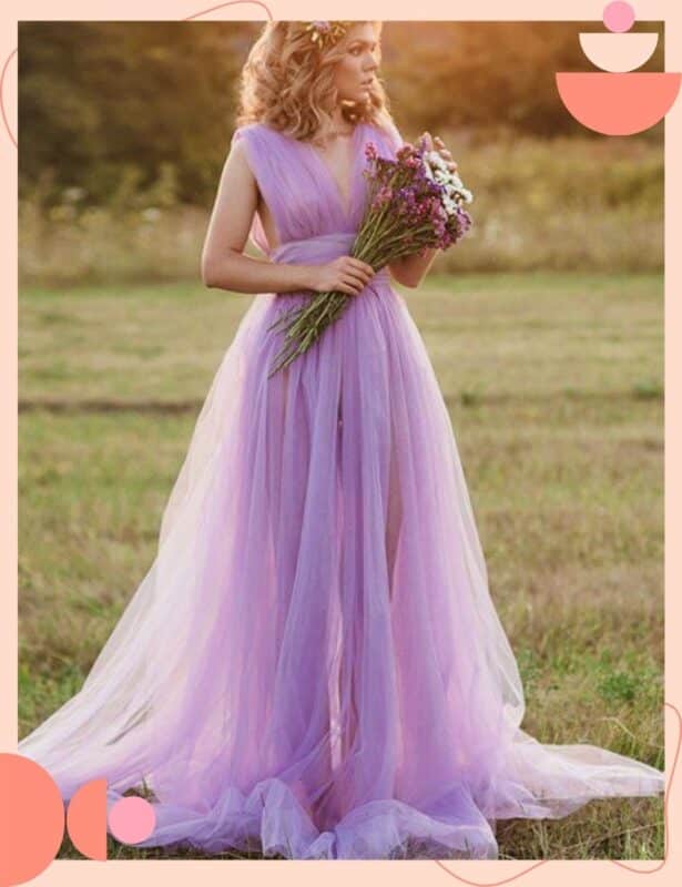 vestido de noiva colorido lilás com tule