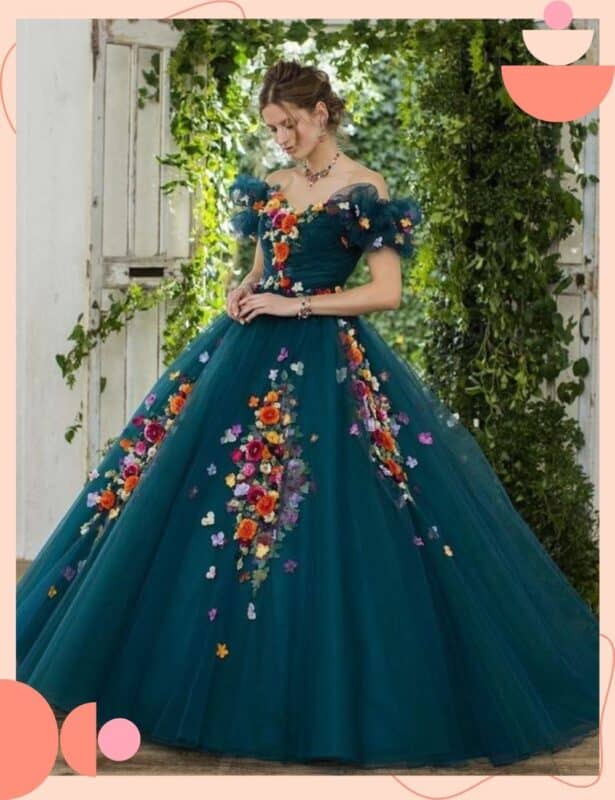 vestido de noiva colorido verde escuro com flores