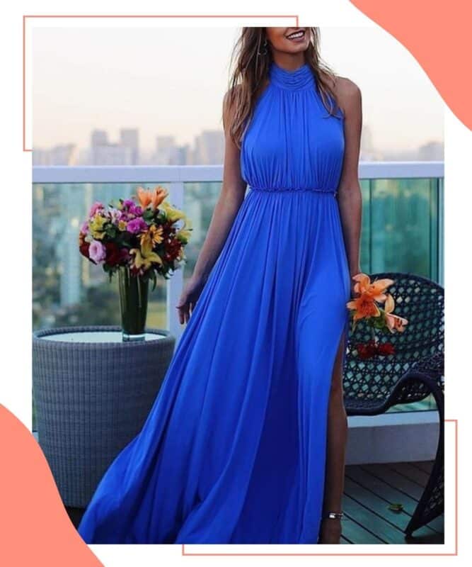 vestido azul sem decote para casamento