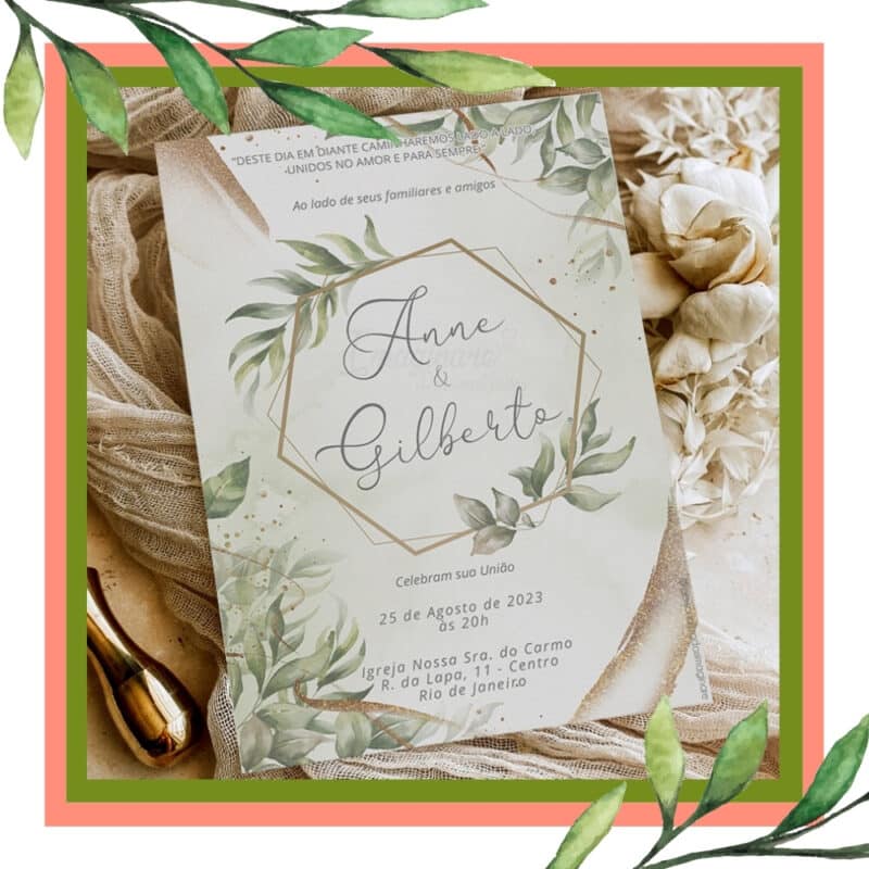 convite de casamento com folhas verde oliva