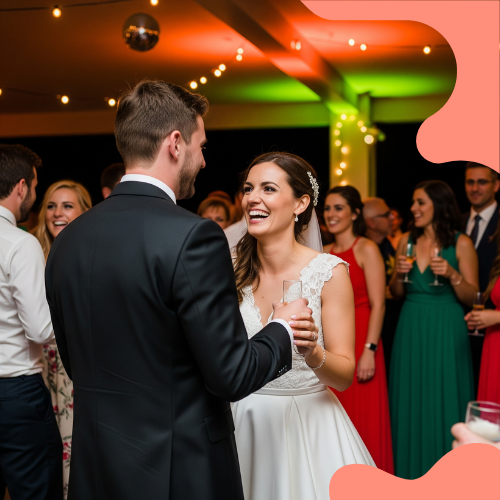 CASAL DE NOIVOS DANÇANDO E SORRINDO EM SEU CASAMENTO