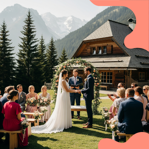 CASAMENTO EM FRENTE A UM CHALÉ NAS MONTANHAS