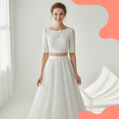 NOIVA USANDO LOOK MODERNO CROPPED E SAIA