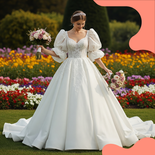 NOIVA USANDO VESTIDO BRANCO COM MANGAS BUFANTES