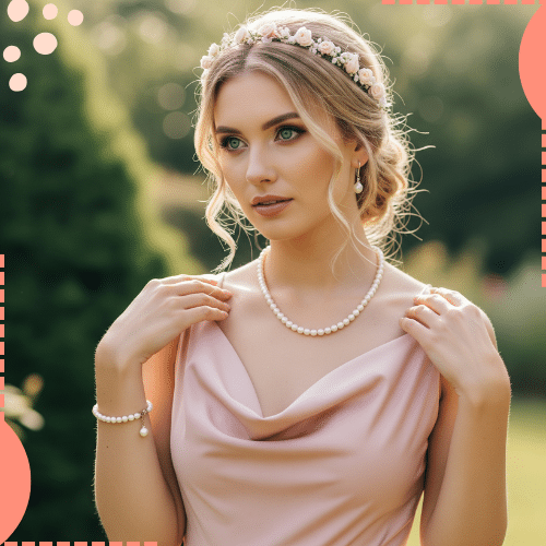 noiva com vestido rosé e joias de pérolas
