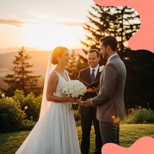 noiva e noivo casando ao ar livre com por do sol